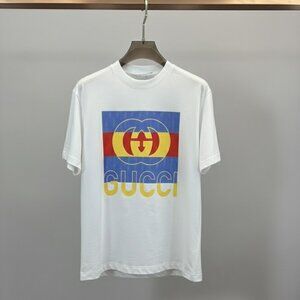 Guciii T-Shirt White Men's Interlocking G Blue Red Yellow Stripe Box Logo Tee